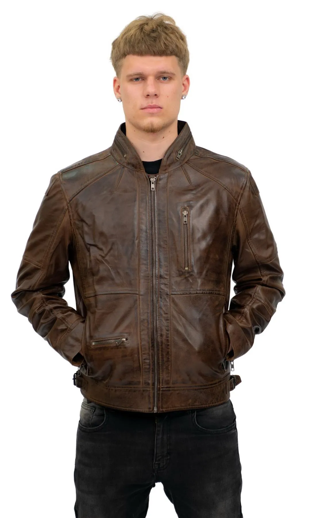 Mens Retro Biker Leather Jacket-Sydney