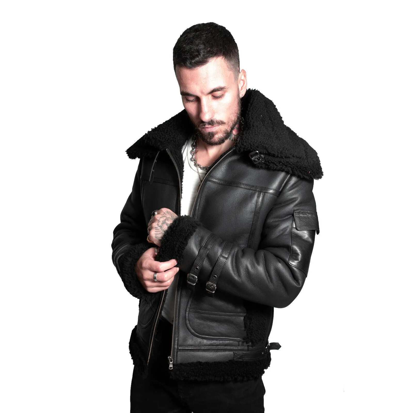 Mens Retro Sheepskin Bomber Jacket-Asheville