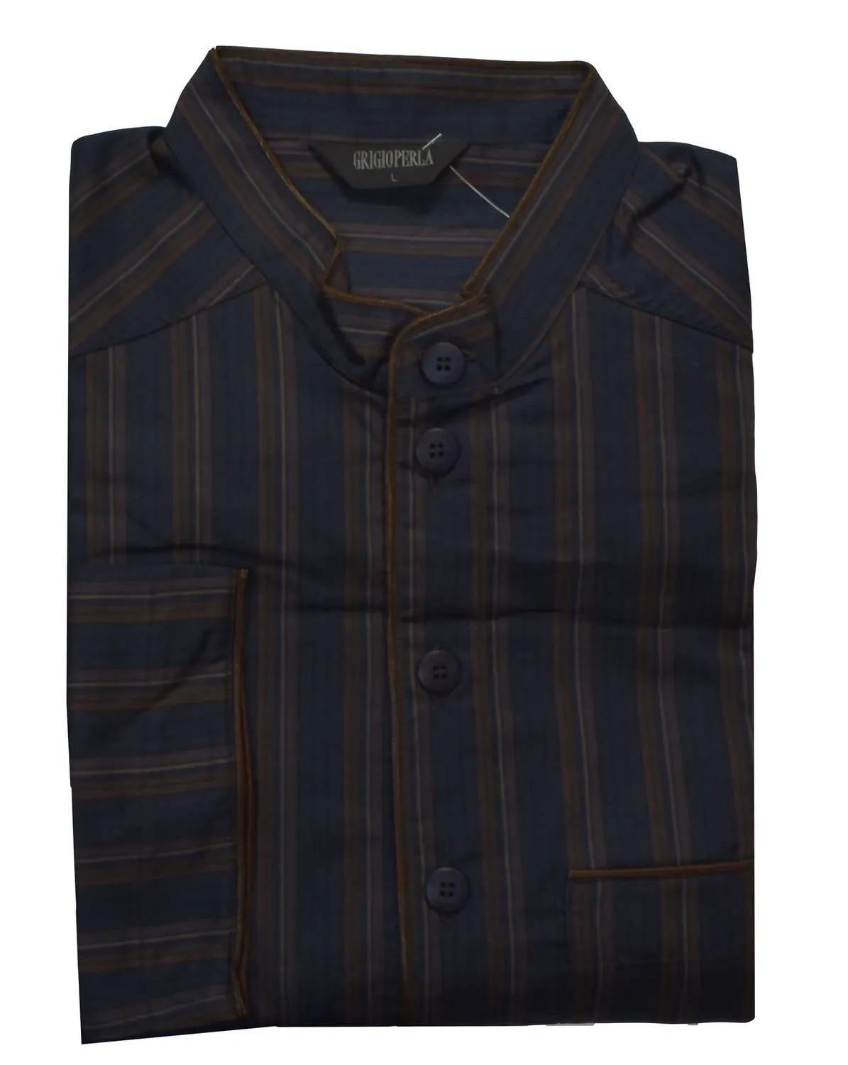 Men's Striped Cotton Pajama Top In Navy/brown