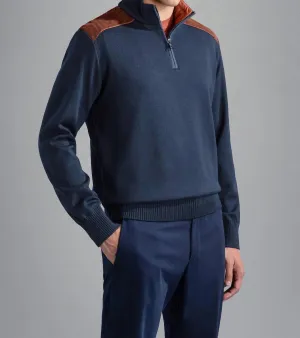 Men's Wool Zip Sweater With Corduroy Details In Navy