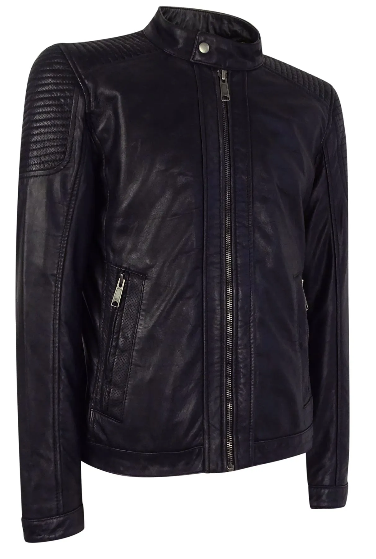 Slim Navy Washed Leather Jacket Nehru Grandad Collar