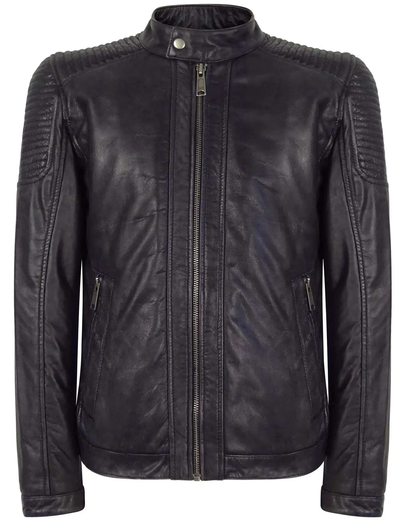 Slim Navy Washed Leather Jacket Nehru Grandad Collar