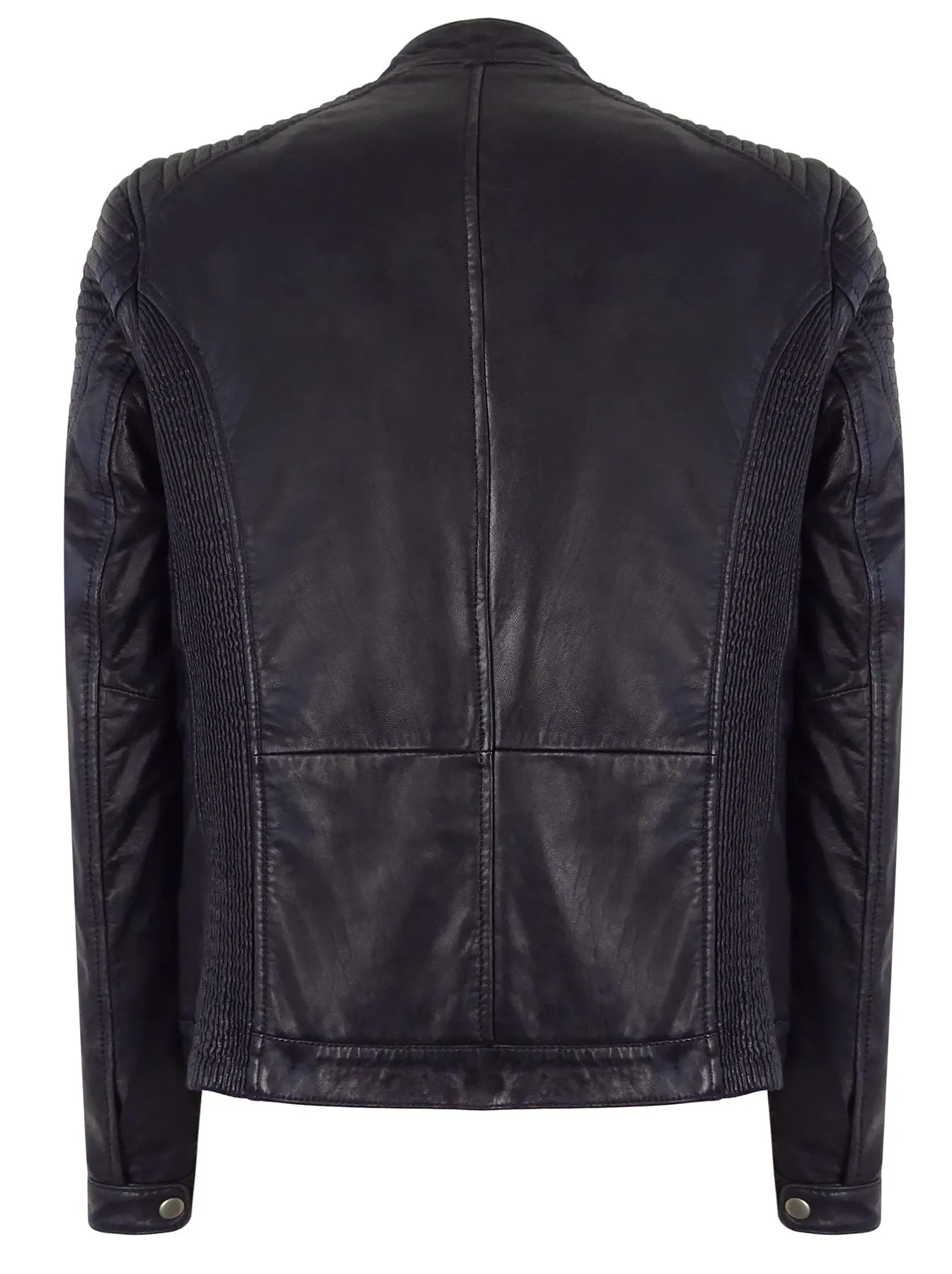 Slim Navy Washed Leather Jacket Nehru Grandad Collar