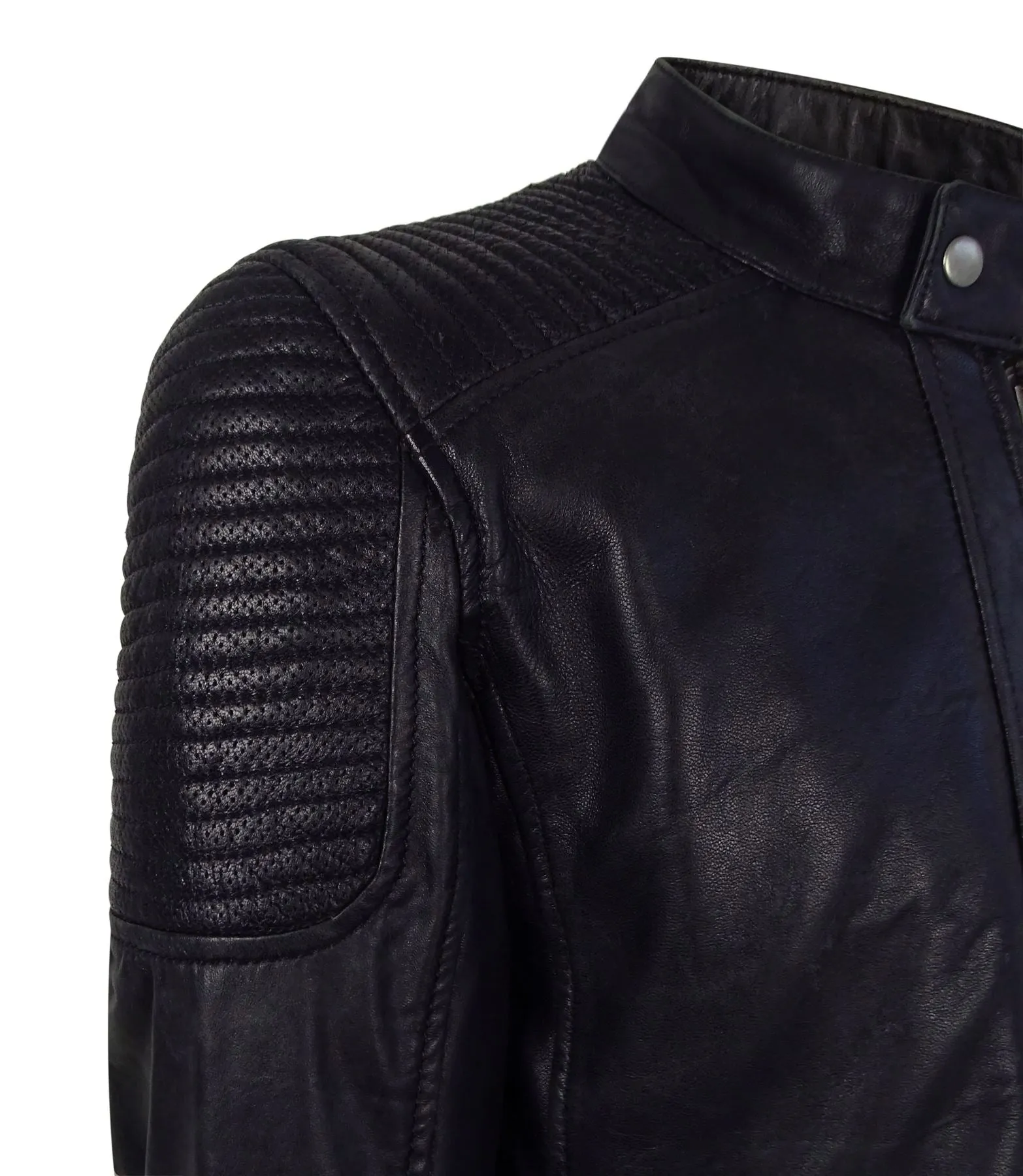 Slim Navy Washed Leather Jacket Nehru Grandad Collar