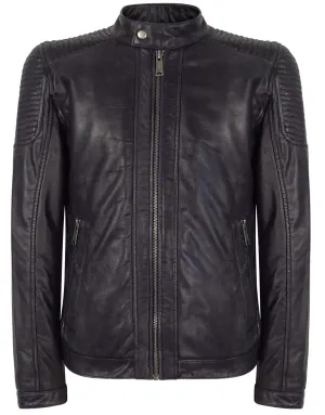 Slim Navy Washed Leather Jacket Nehru Grandad Collar