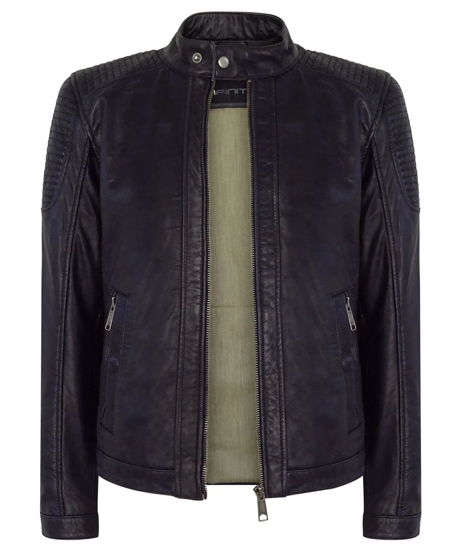 Slim Navy Washed Leather Jacket Nehru Grandad Collar
