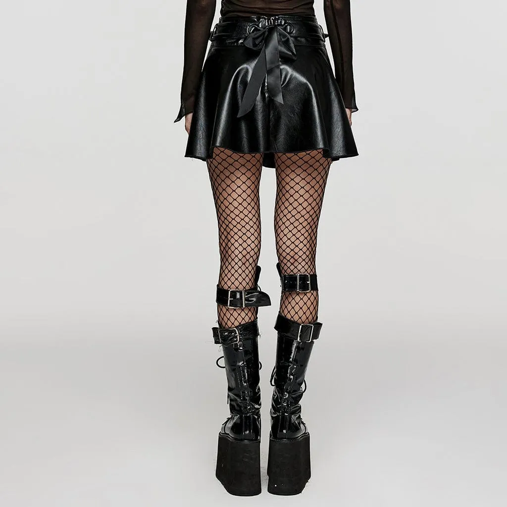 Women's Punk Studded Lace-up Faux Leather Skirt