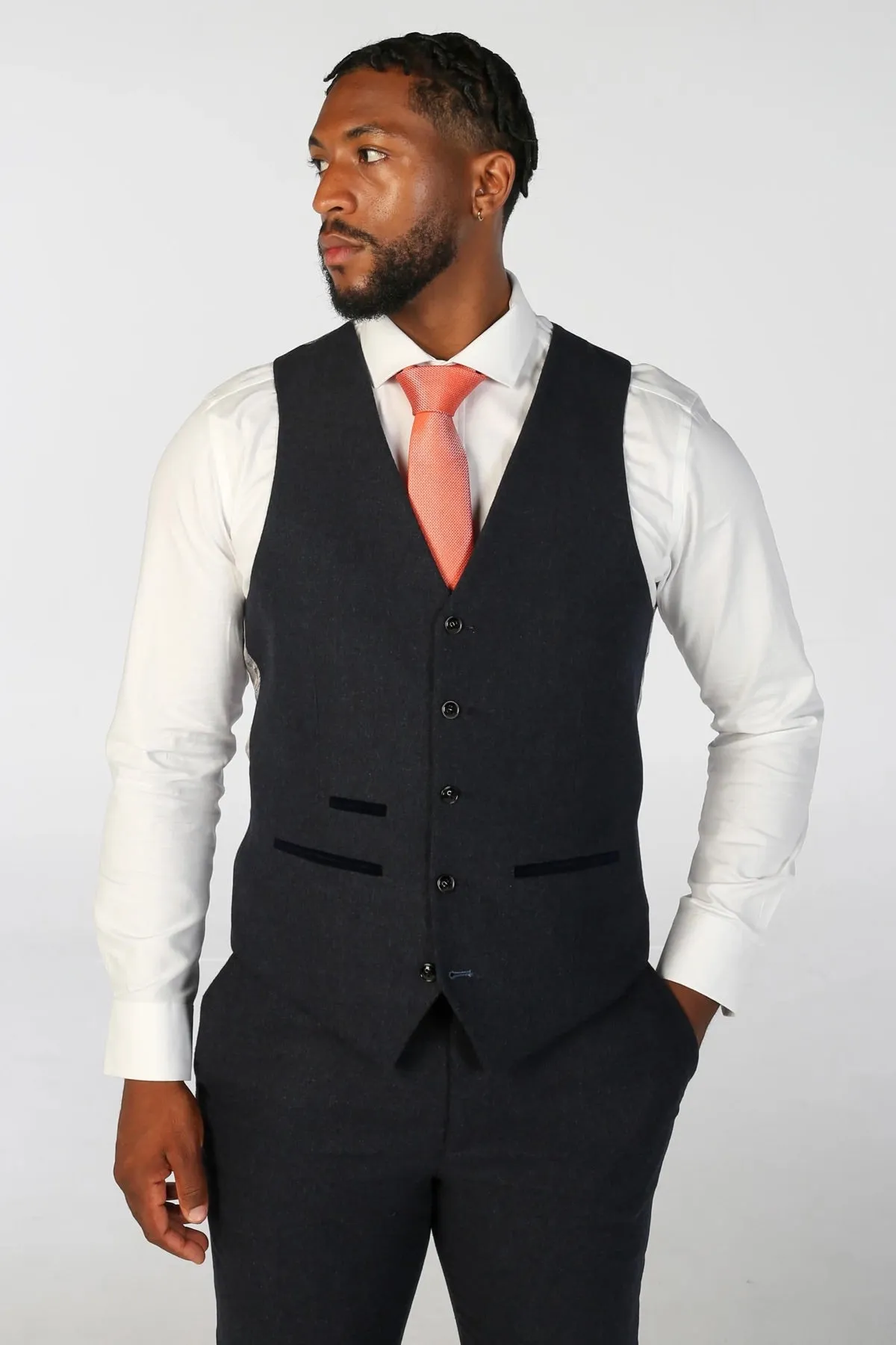 Wool Blend Waistcoat Navy Tweed Tailored Fit Vest